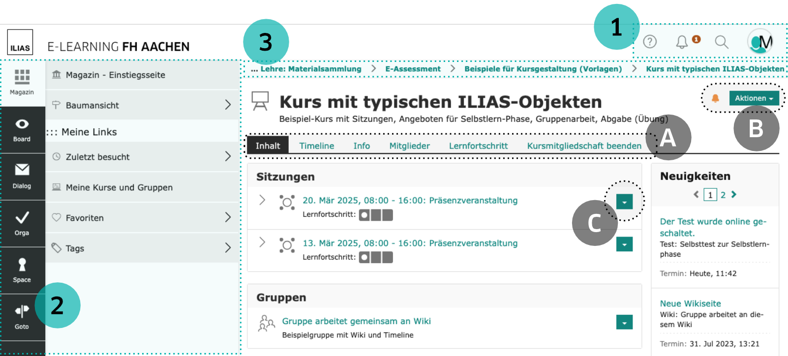 Screenshot ILIAS zeigt die verschiedenen Navigationsbereiche
