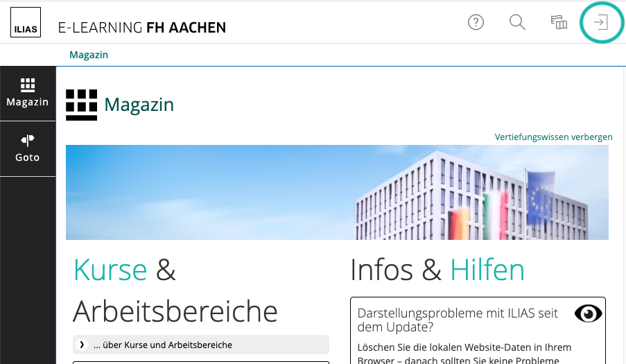 Screenshot ILIAS-Startseite "Magazin" – Logmit FH-Kennung über Navigation (oben rechts)