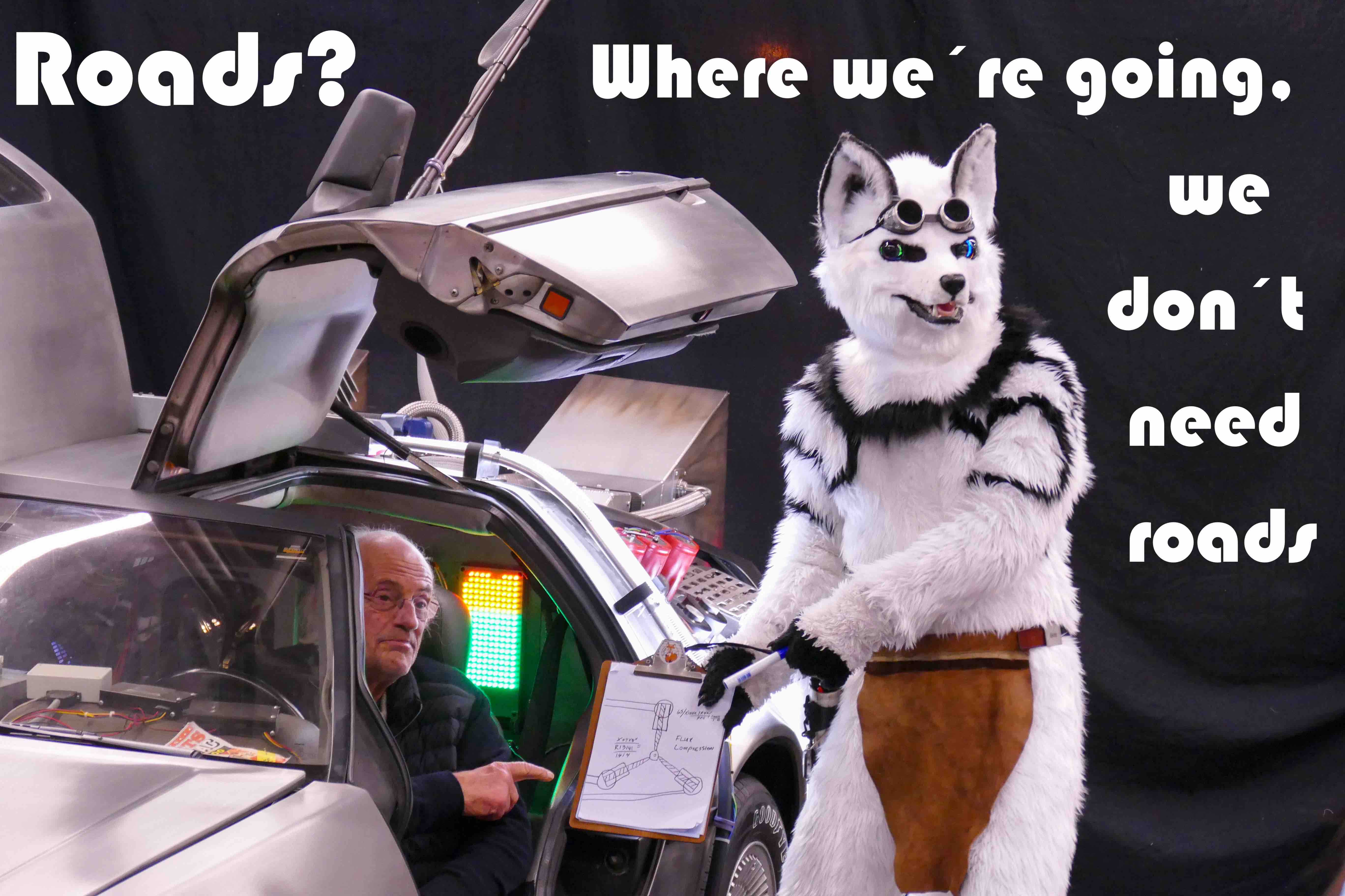Roads? where we're going, we don't need roads / SciFox and Doc Brown discussing the flux capacitor for time travel