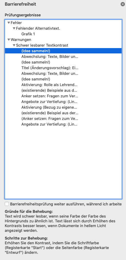 Screenshot Microsoft Word Prüfung Barrierefreiheit