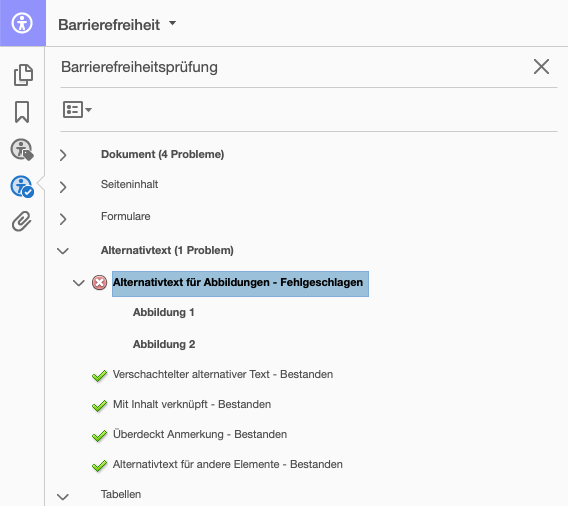 Screenshot Adobe Acrobat Barrierefreiheitsprüfung