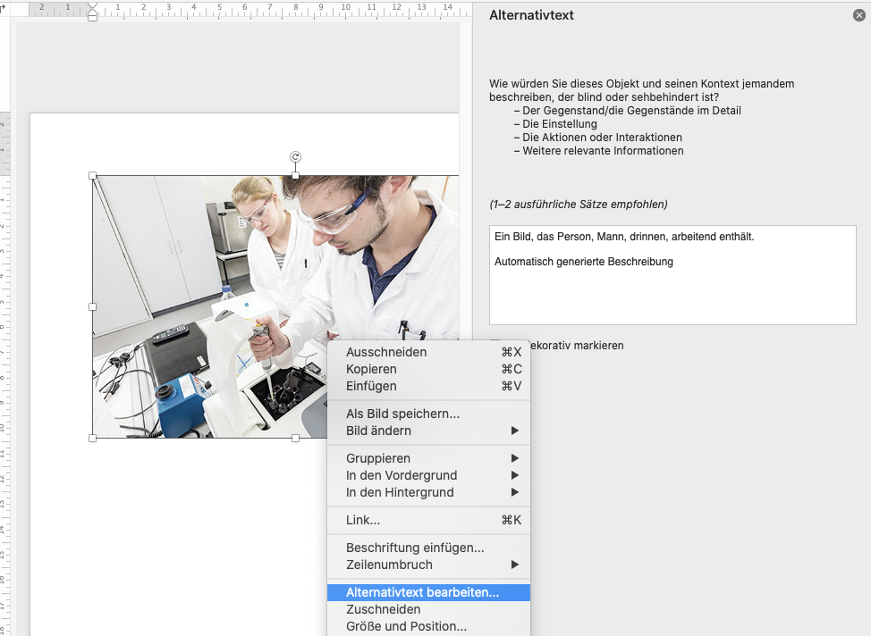Screenshot aus Word zeigt Einstellungen für Alt-Text