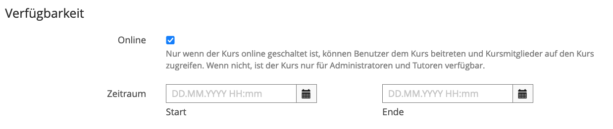 Screenshot zeigt Detail "Verfügbarkeit" in den Kurseinstellungen