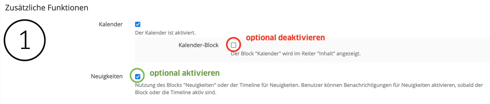 Screenshot ILIAS: Kurseinstellungen, Kalender & Neuigkeiten