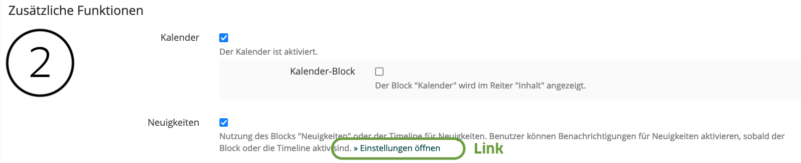 Screenshot ILIAS. Kurseinstellungen - Neuigkeiten einstellen
