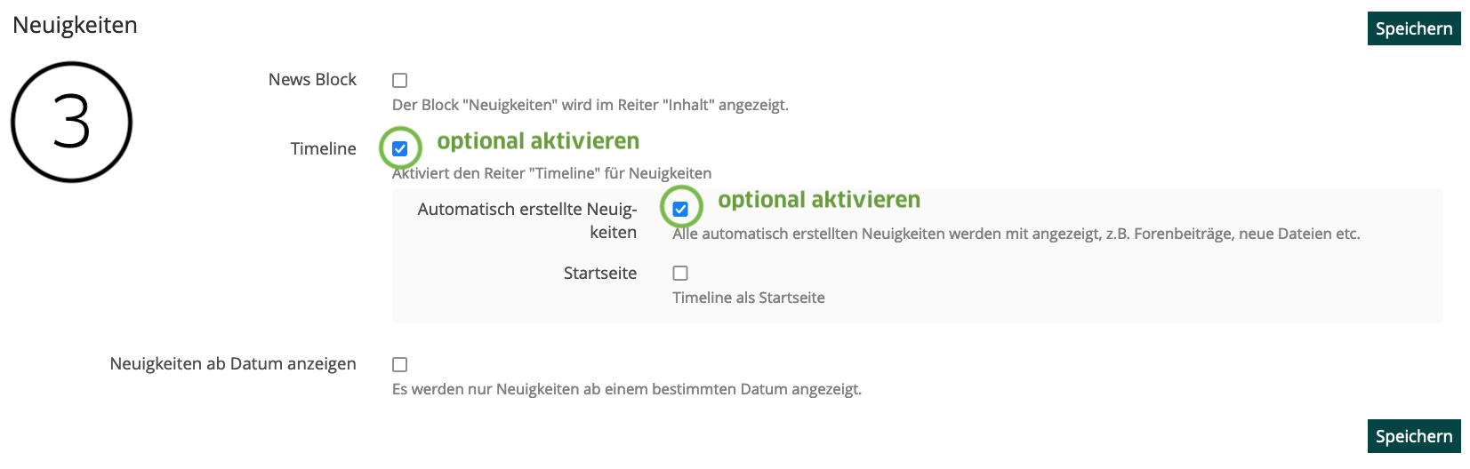 Screenshot ILIAS: Neuigkeiten einstellen: Timeline
