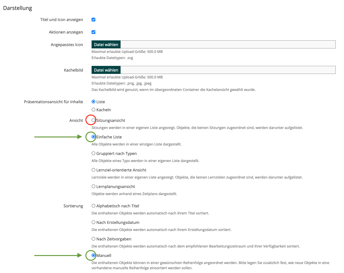 Screenshot ILIAS: Darstellung anpassen im Kurs