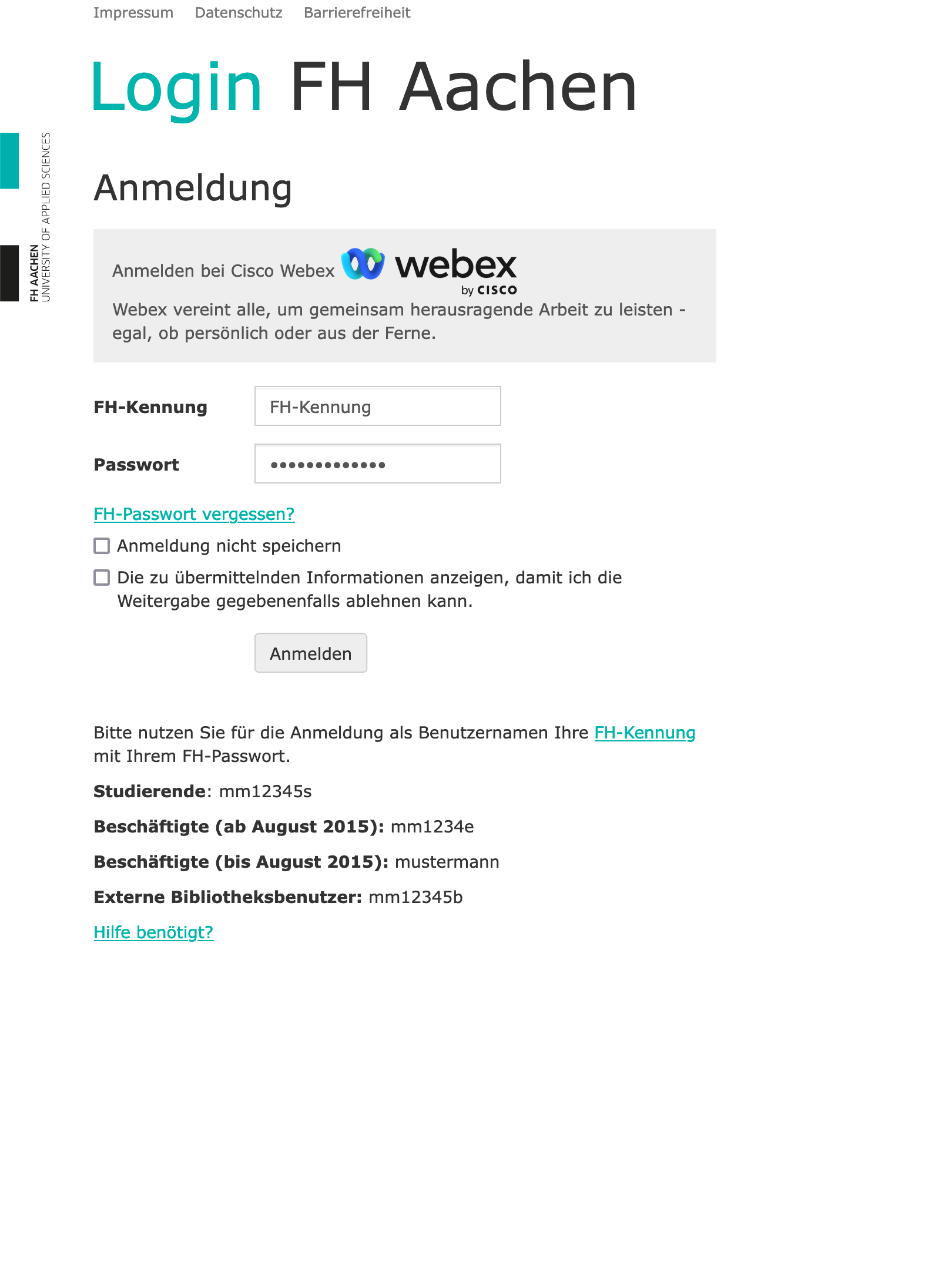 Screenshot Anmeldeverfahren Webex – Shiboleth-Anmeldefenster der FH Aachen