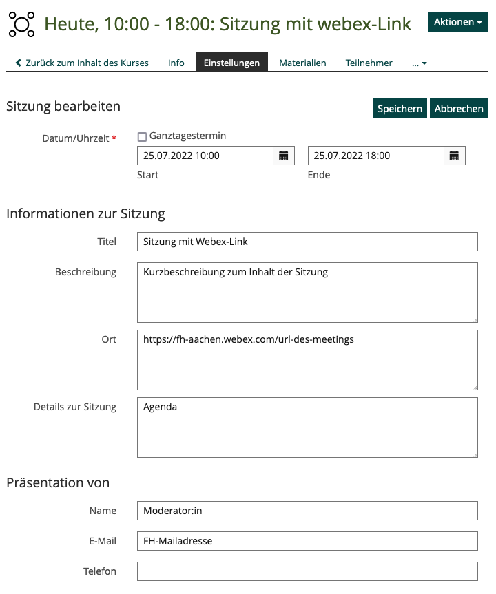 Screenshot ILIAS: Einstellungen Sitzung