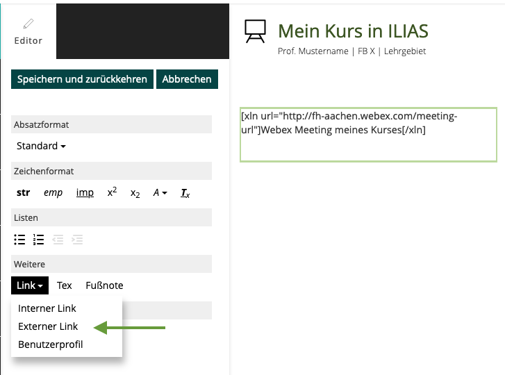 Screenshot ILIAS: Links einfügen