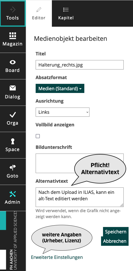 Screenshot Seiteneditor für Alt-Text