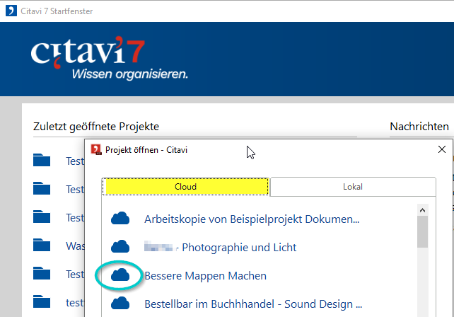 Illustrierender Screenshot: Cloud-Projekt in Citavi öffnen