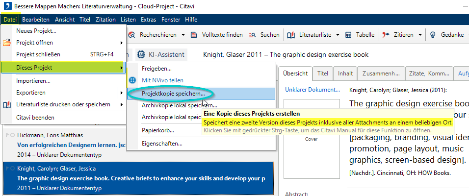 Illustrierender Screenshot: Menüpunkt Projektkopie speichern in Citavi