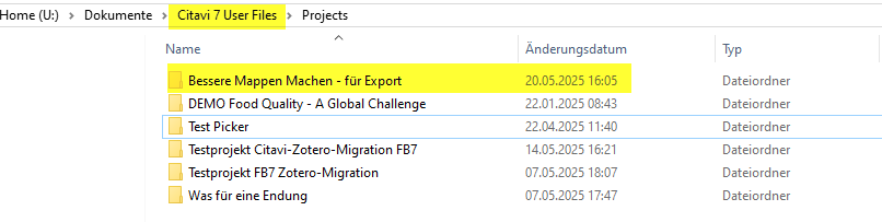 Illustrierender Screenshot: Projects-Ordner im Ordner "Citavi 7 User Files"