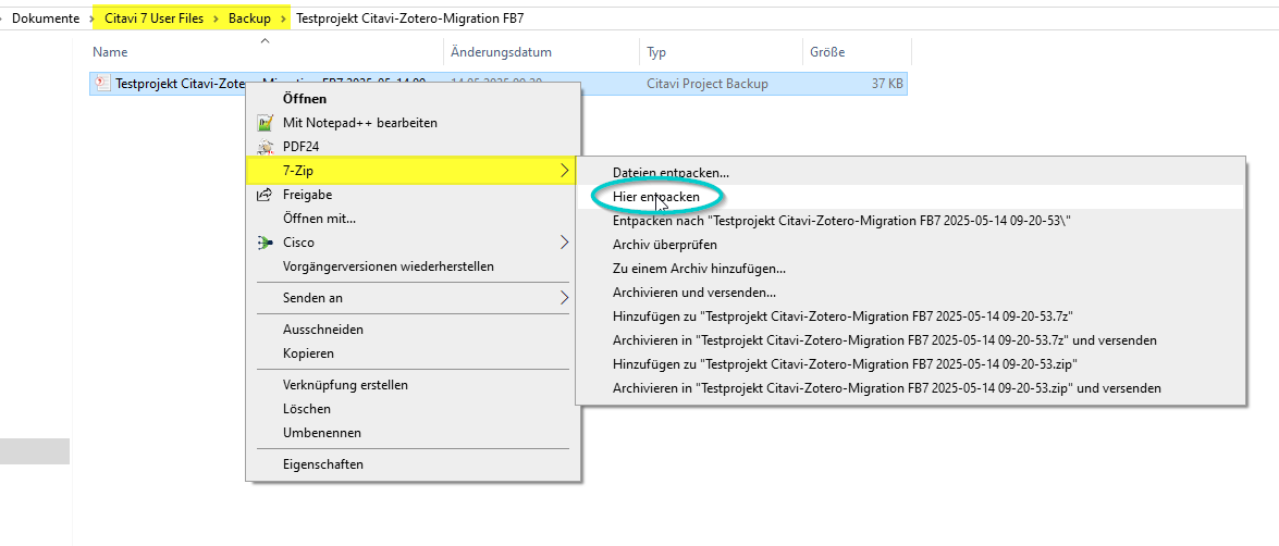 Illustrierender Screenshot: Citavi-Backup-Datei mit Rechtsklick entpacken.