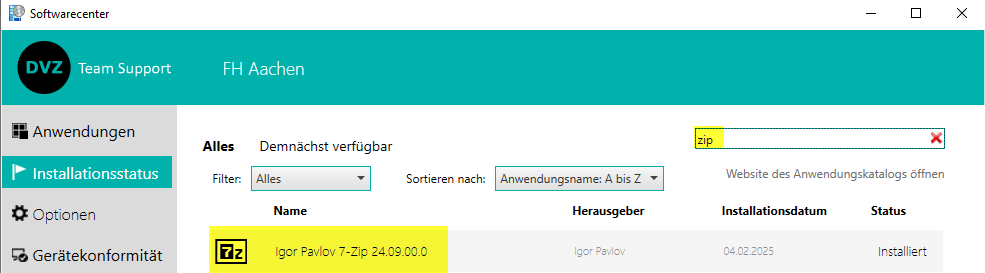 Illustrierender Screenshot: Softwarecenter, Suche nach "zip"