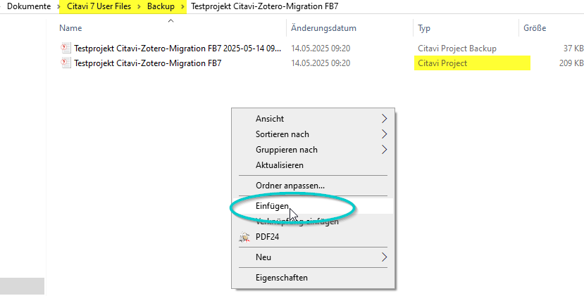 Illustrierender Screenshot: Einfügen der zuvor kopierten Attachements in den Projektordner (Citavi-Backup)