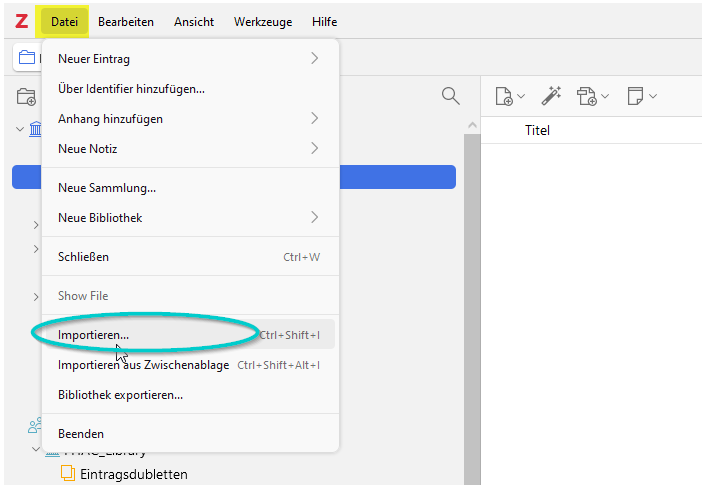 Ullustrierender Screenshot: Import-Menü in Zotero
