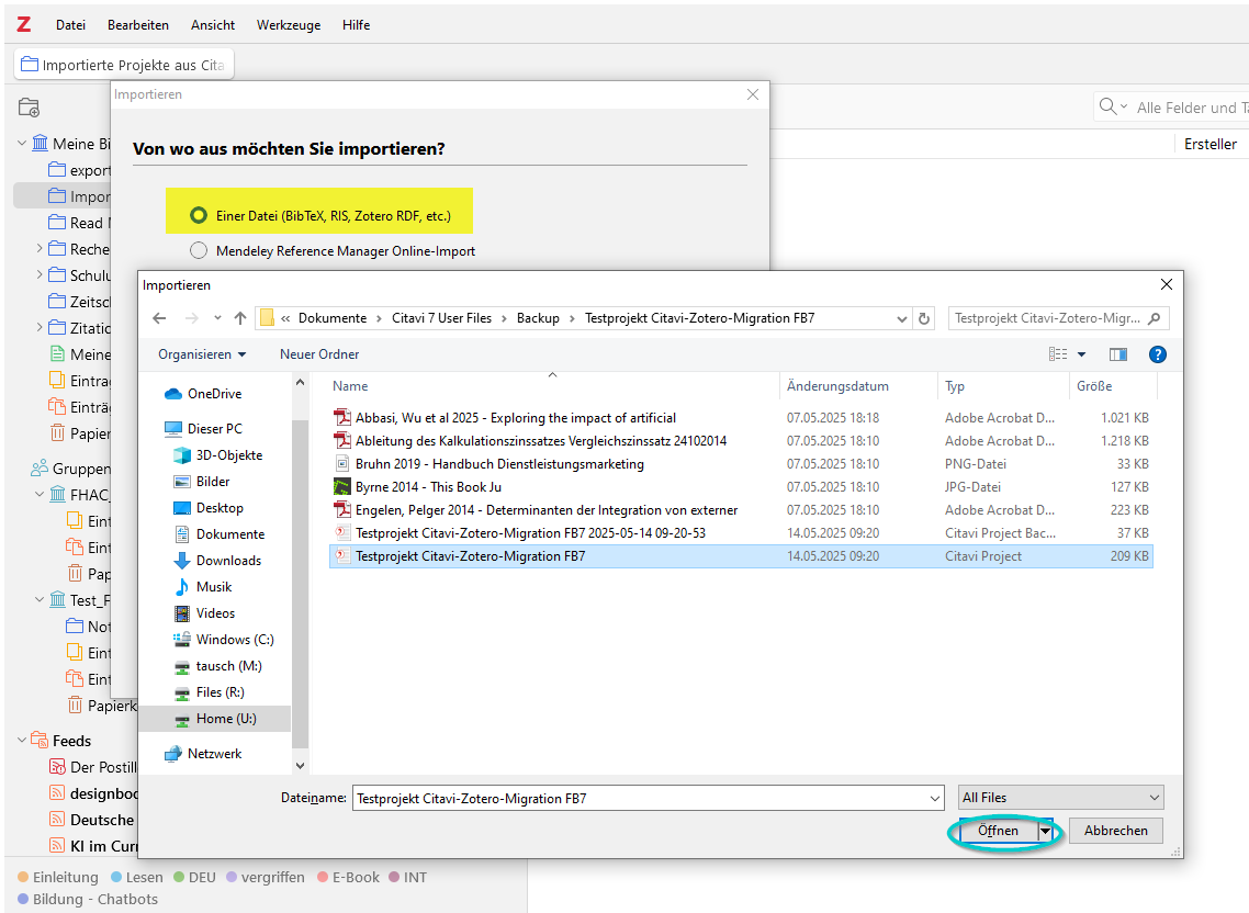 Ullustrierender Screenshot: Import-Dialog in Zotero mit Auswahl des Dateityps und der Projekt-Datei