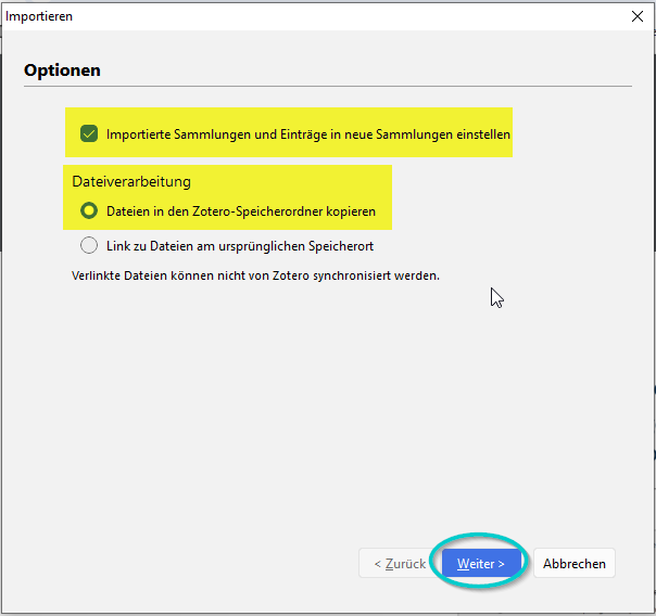 Illustrierender Screenshot: Import-Optionen in Zotero