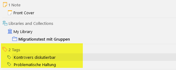 Illustrierender Screenshot: Zwei Tags, die in Zotero einem Titel zugeordnet sind.