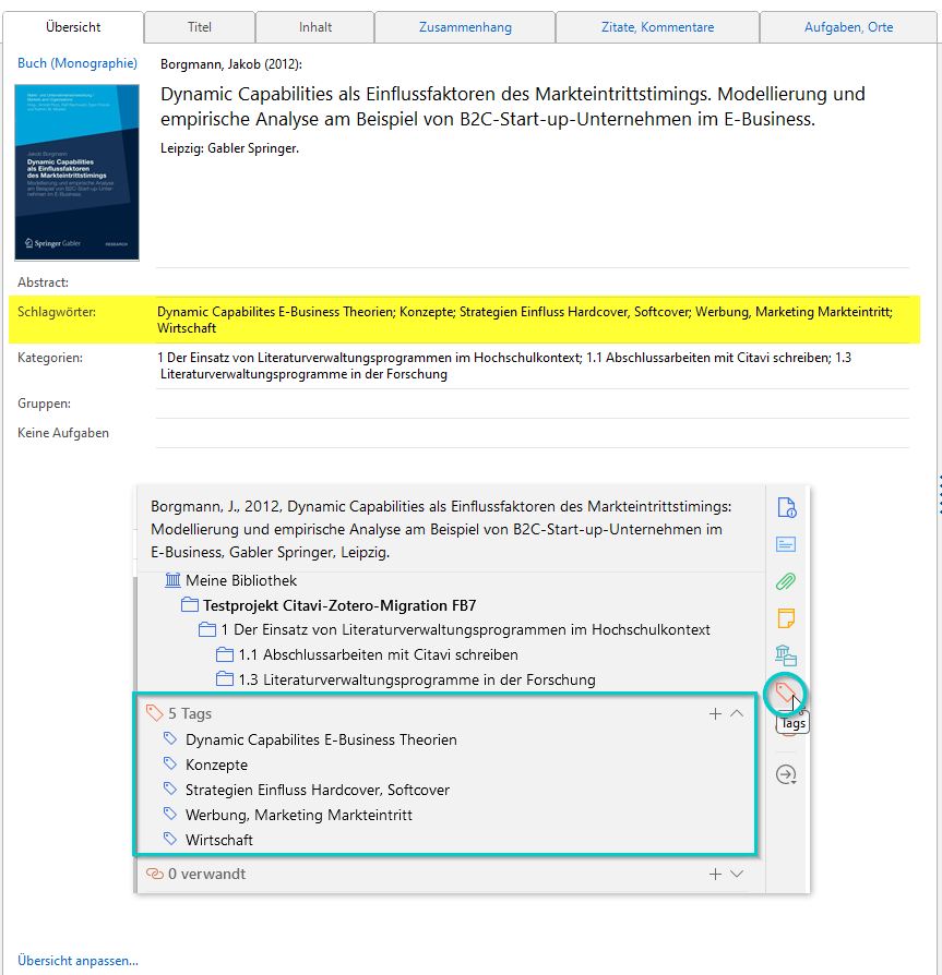 Illustrierender Screenshot: Titel in Citavi mit markierten Schlagwörtern vs. Titel in Zotero mit umrandeten Tags