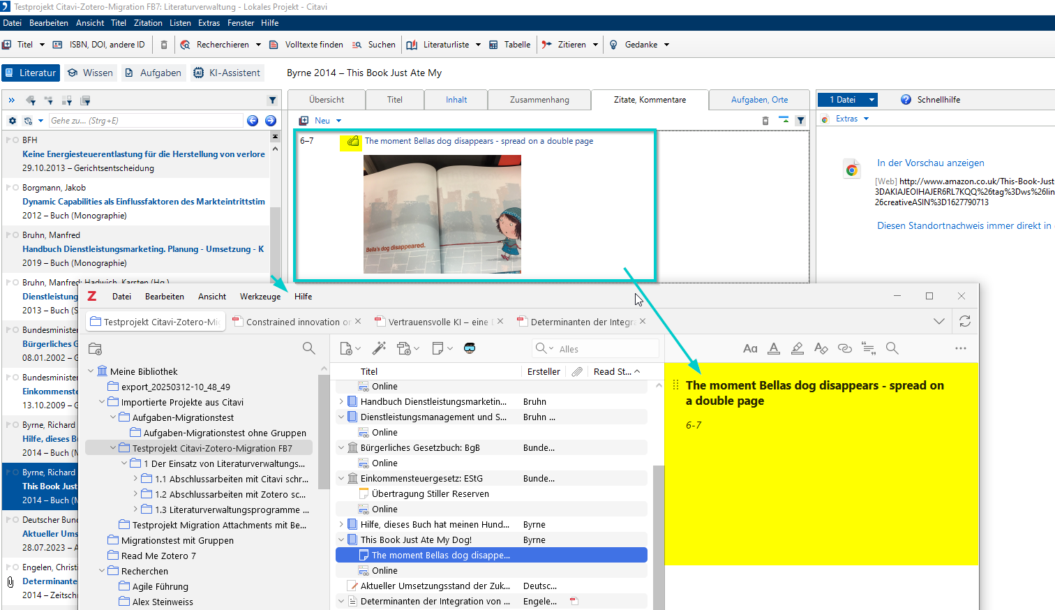 Illustrierender Screenshot: Umrandetes Bildzitat in Citavi mit einer Abbildung aus einem Buch, Notiz in Zotero mit Kernaussage und Seite