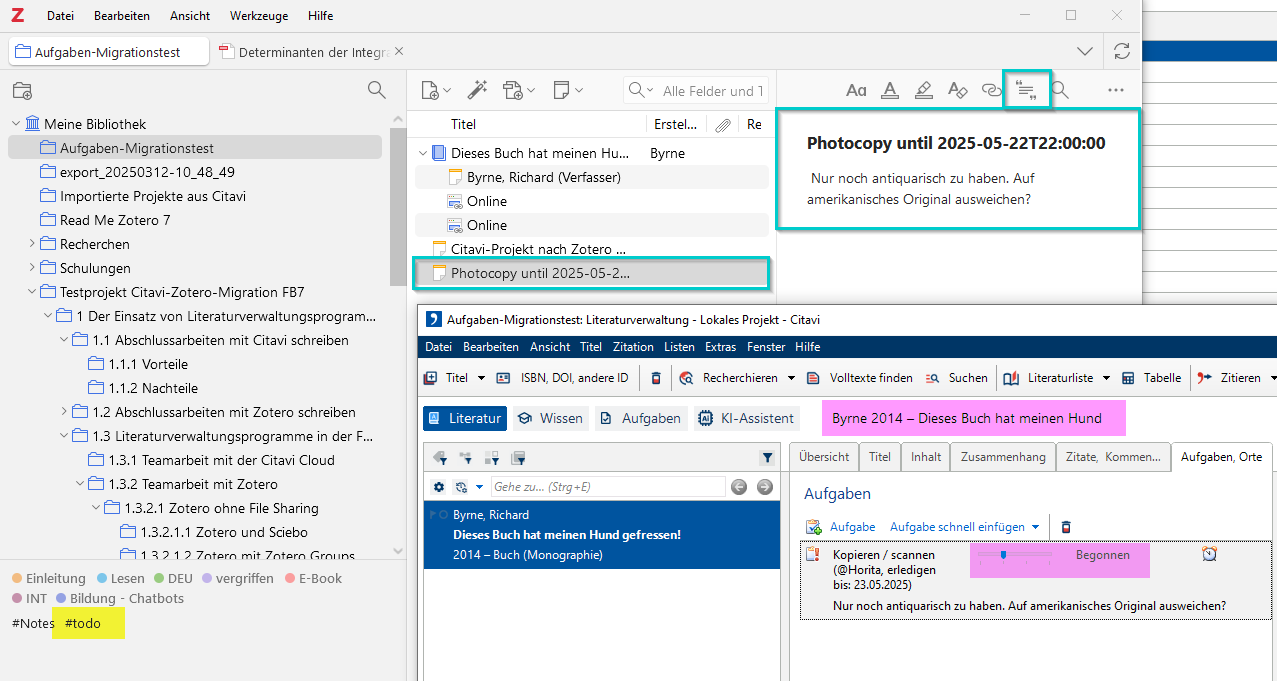 Illustrierender Screenshot: Eine einem Titel zugeordnete Aufgabe in Citavi und eine nicht zugeordnete Notiz vom Typ #todo in Zotero. 