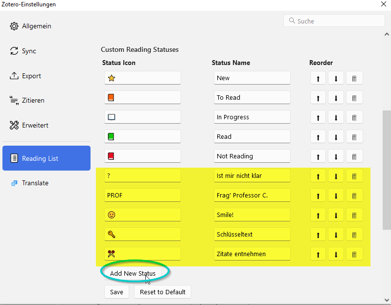 Illustrierender Screenshot: Zotero Reading List Plugin mit customisierten Status