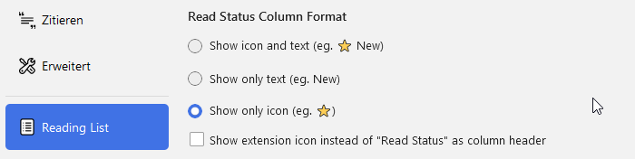 Illustrierender Screenshot des Zotero Reading List Plugins, Einstellung der Darstellung der Reading-List-Spalte