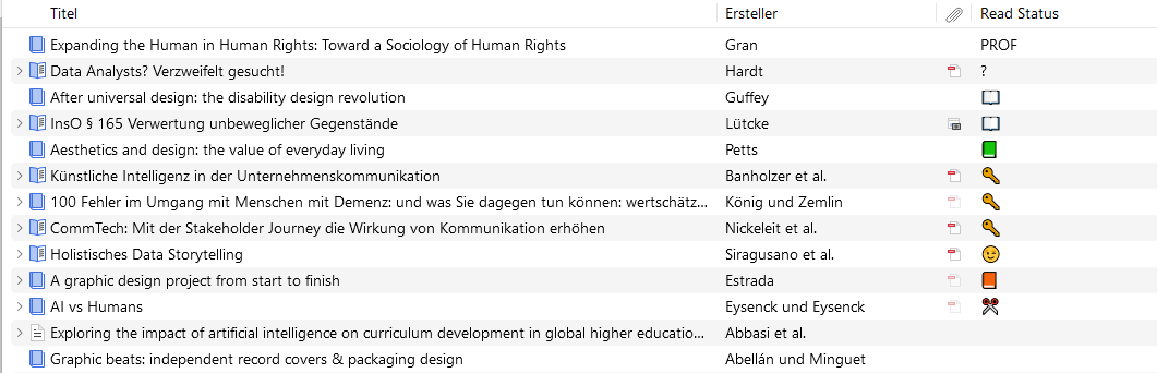 Illustrierender Screenshot der Read-Status-Spalte in Zotero