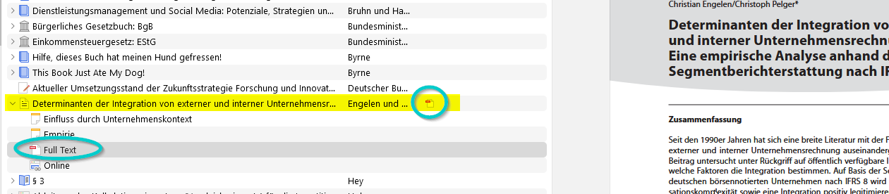 Illustrierender Screenshot: Zotero-Tiotel mit Anhang und Vorschau