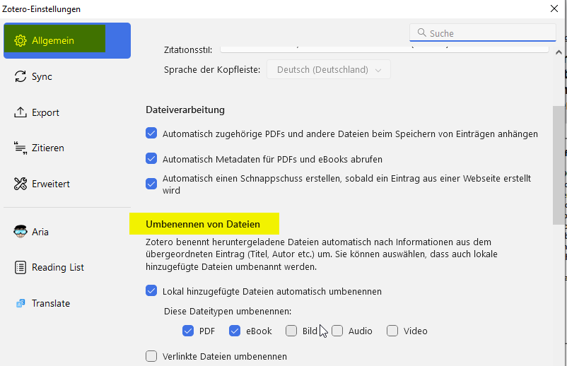 Illustrierender Screenshot: Zotero-Einstellungen, Umbenennung von Anhängen