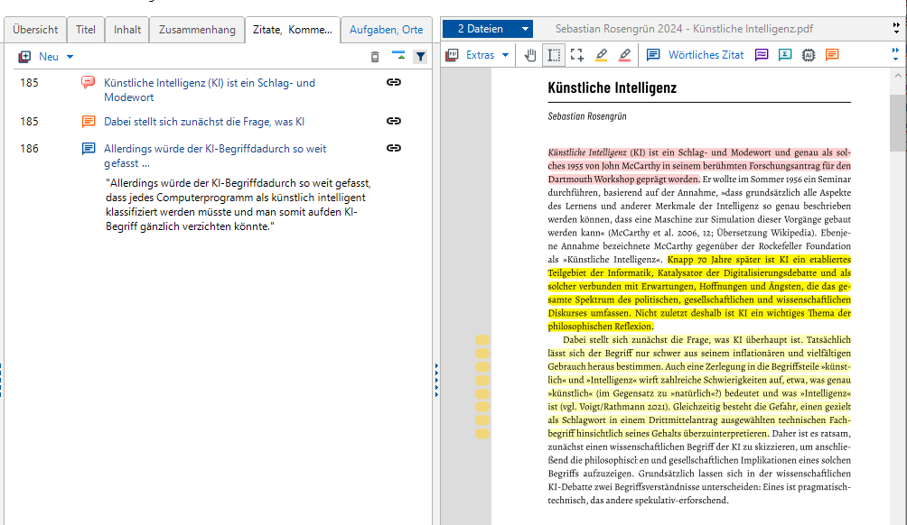Illustrierender Screenshot: PDF-Dokument mit Markierungen in Citavi.