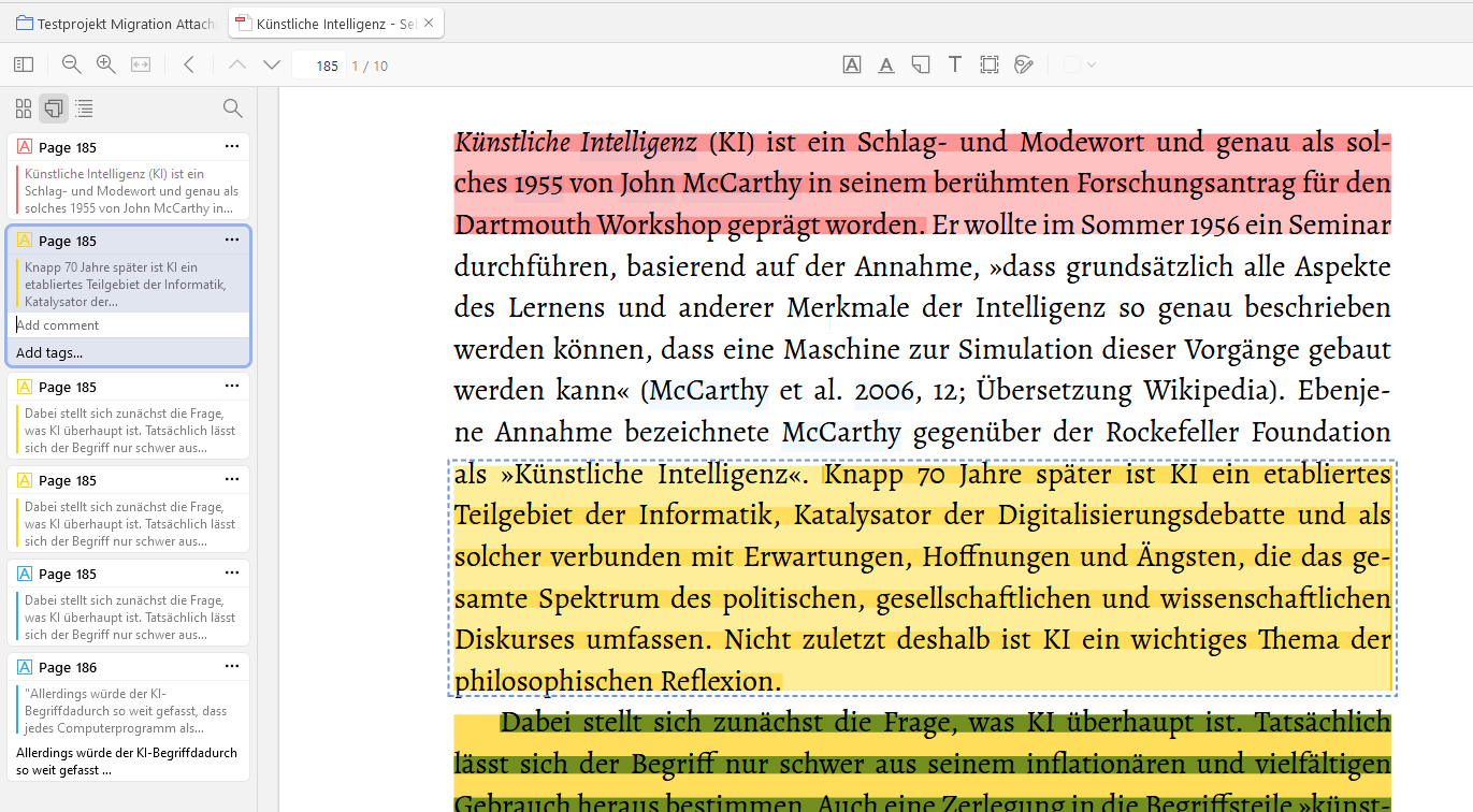 Illustrierender Screenshot: PDF mit Markierungen und Annotations im Zotero Document Viewer