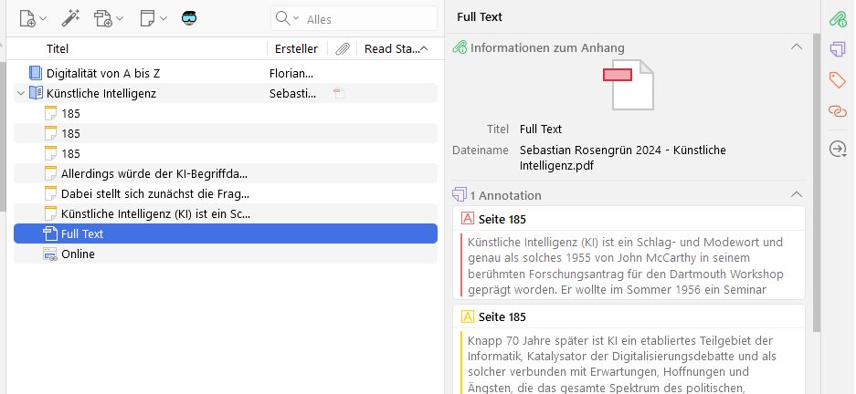 Illustrierender Screenshot von Zotero: Annotationen, die dem PDF zugeordnet sind, aus dem sie entnommen wurden.
