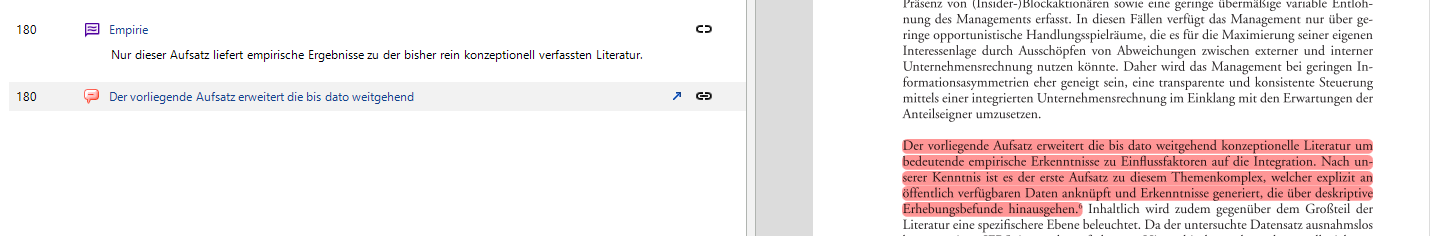 Illustrierender Screenshot: Markierte Textstelle und zugehöriges Wissenselement in Citavi.