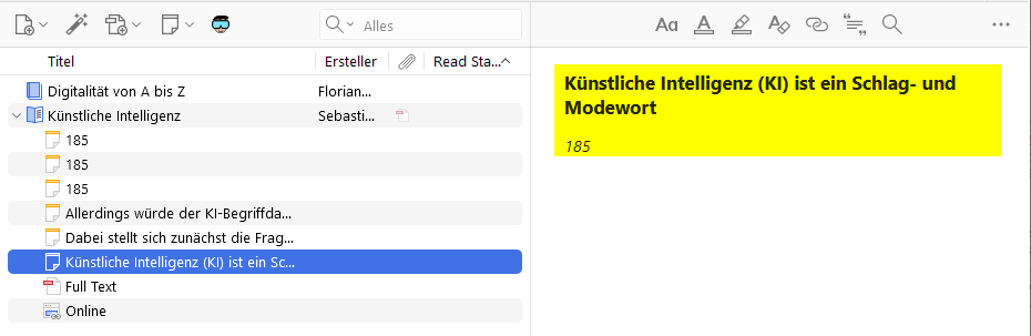 Illustrierender Screenshot: Notiz in Zotero, die durch den Import eines Wissenselementes in Zotero entstanden ist und die nur ein Kernelement und eine Seitenzahl beinhaltet.