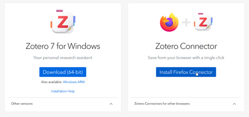Screenshot von der Zotero-Webseite auf dem zu sehen ist, wo der Zotero-Connector zum Download zur Verfügung steht.