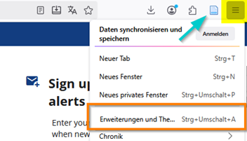 Screenshot der zeigt, wo im Browser der Zotero-Connector im Browser aktiviert wird: Burger-Button und anschließend "Erweiterungen".
