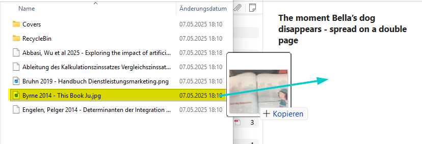 Screenshot: Eine JPEG-Datei wird aus dem Windown Explorer per Drag-amd-Drop in eine Zotero-Notiz geschoben