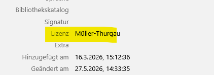 Screenshot aus Zotero. Datensatzfeld "Lizenz" mit Eitrag, gehighlighted
