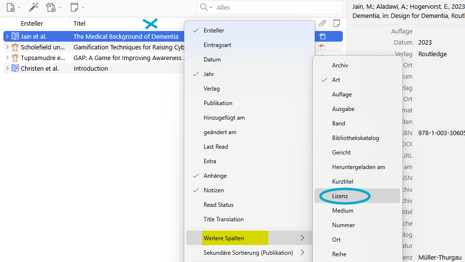 Screeshot Zotero - Anzeigespalten