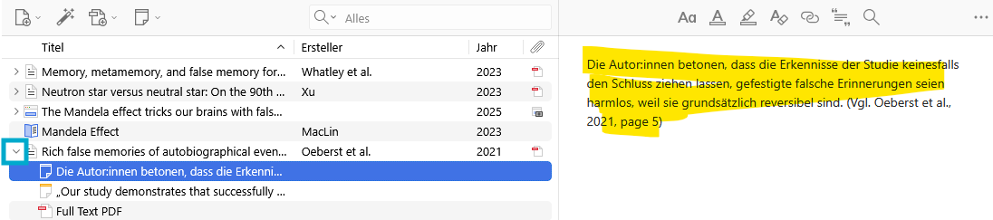 Screenshot Zotero - Notizen einblenden