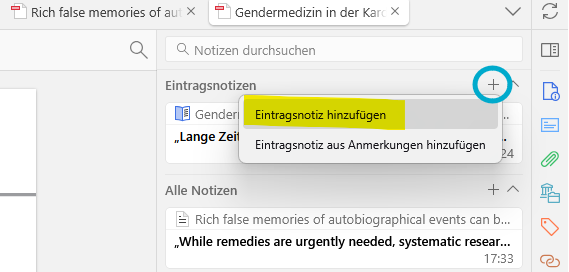Screenshot aus der Zotero-Titelliste, Funktion "Eintragsnotiz hinzufügen".