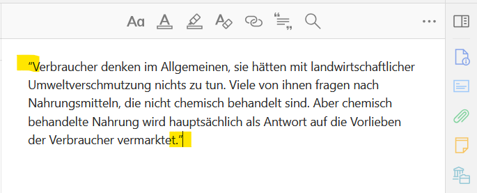 Screenshot einer Eintragsnotiz mit Anführungszeichen