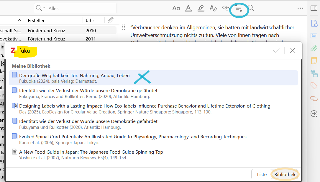 Screenshot des Pop-up-Fensters zur Auswahl des zu verknüfenden Titels. Die zweite Menüauswahl "Bibliothek" ist schwach hervorgehoben.