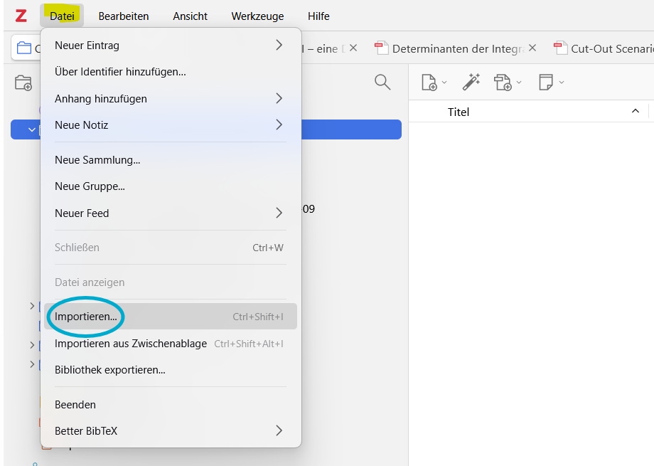 Screenshot Zotero Untermenü "Importieren"