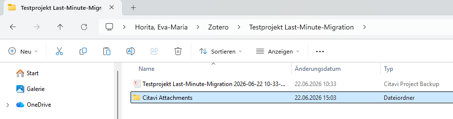 Screenshot Windows Explorer Ordner mit Backupdatei und Attachments Folder