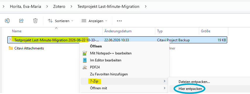 Screenshot Windows Explorer: Datei entpacken mit 7-Zip